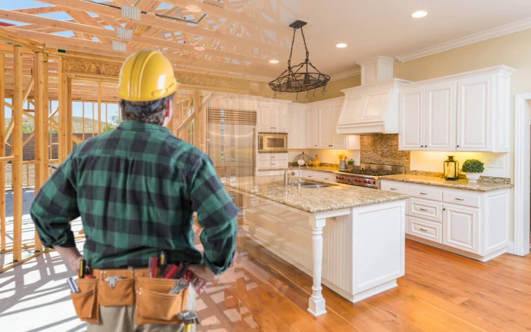 Home Addition Contractor Standing In Front Custom Kitchen Construction Framing Gradating Into Finished Build.